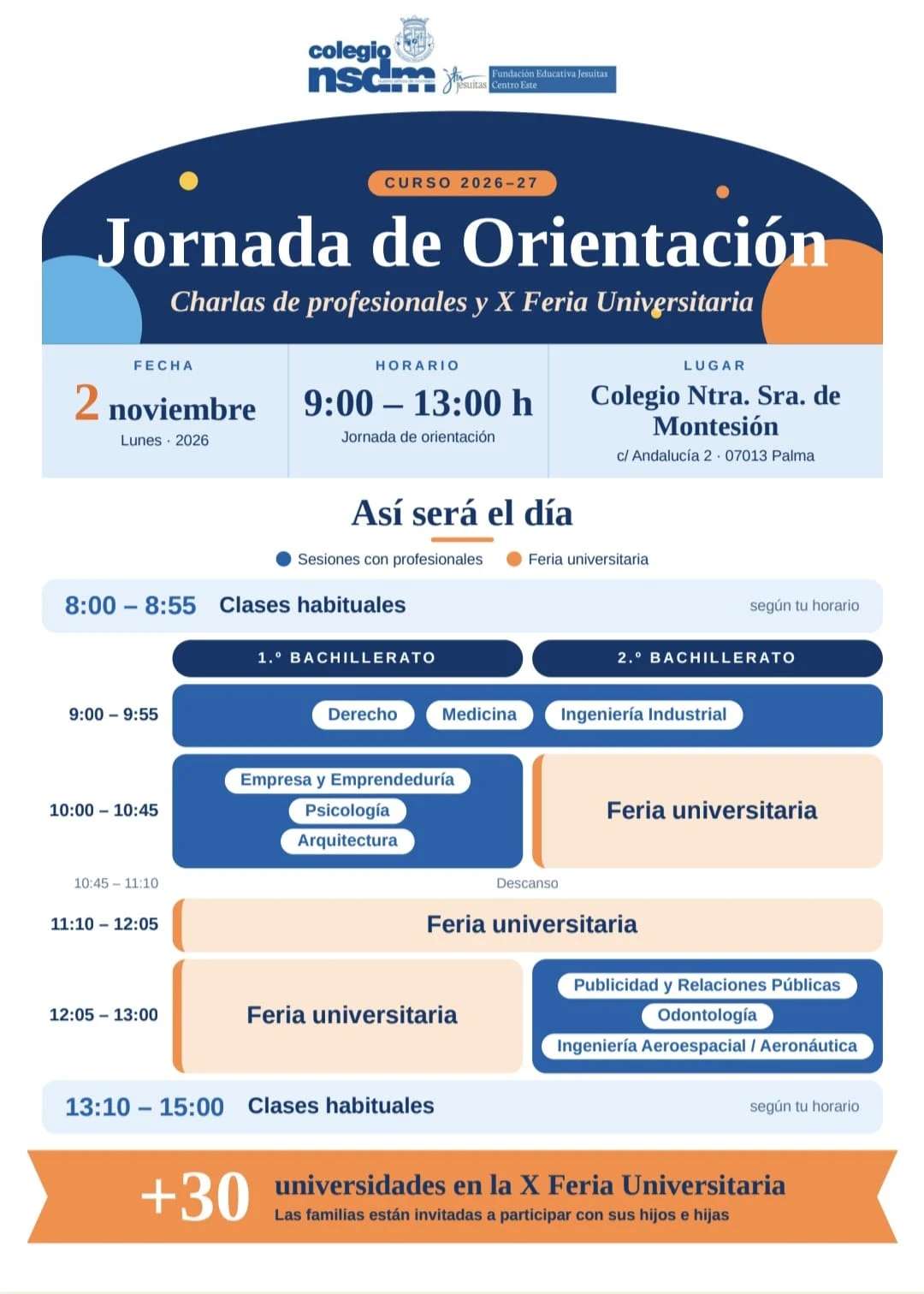Cartel de la Jornada de Orientación del curso 2026-27: charlas de profesionales y X Feria Universitaria, lunes 2 de noviembre de 9:00 a 13:00 en el colegio.